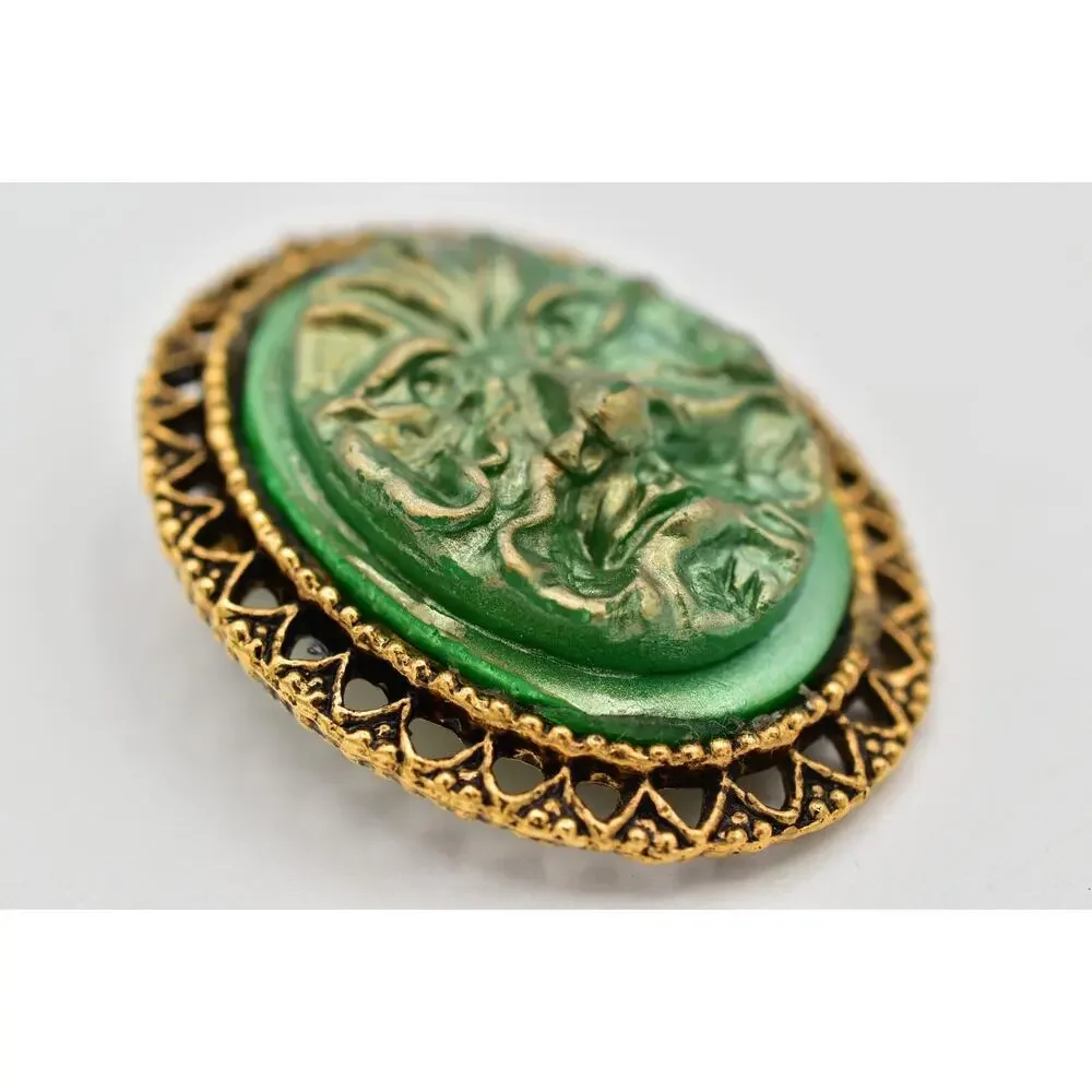 Vintage Abstract Face Pin Brooch Ancient Green Molded Resin Antiqued Gold BinAL